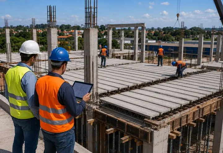 Equipe técnica acompanhando obra com laje treliçada